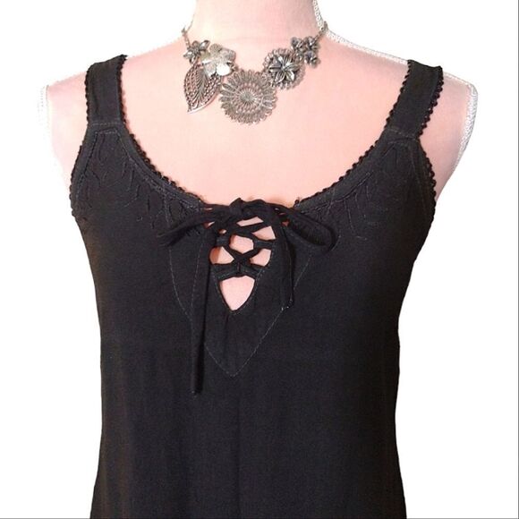 VTG 90s Black Gold Hawaiian Embroidered Fairycore Mini Dress Medium - Picture 3 of 16